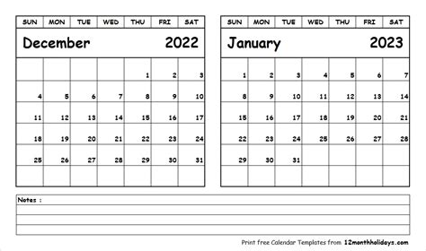 Monthly Calendar Free December 2022 To January 2023 Calendar 2022