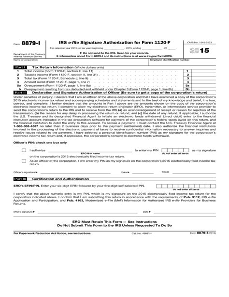 Form 8879 I Irs E File Signature Authorization For Form 1120 F 2015
