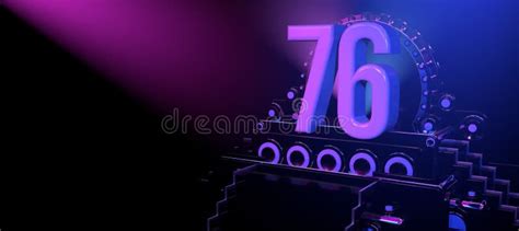 Solid Number 76 On A Reflective Black Stage Illuminated With Blue And