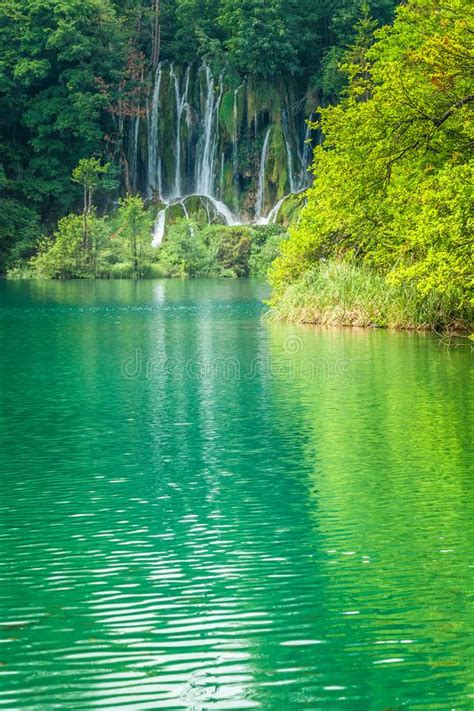 Waterfall At A Turquoise Lake The Plitvice Lakes National Park Stock