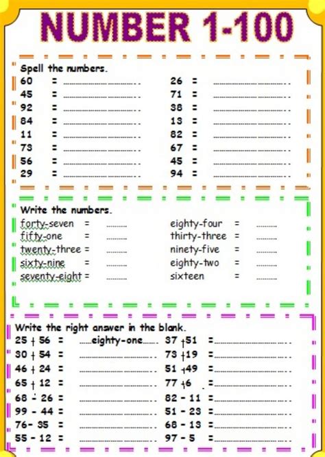 Numbers 1 To 100 Numbers Exercise Math Addition Worksheets English