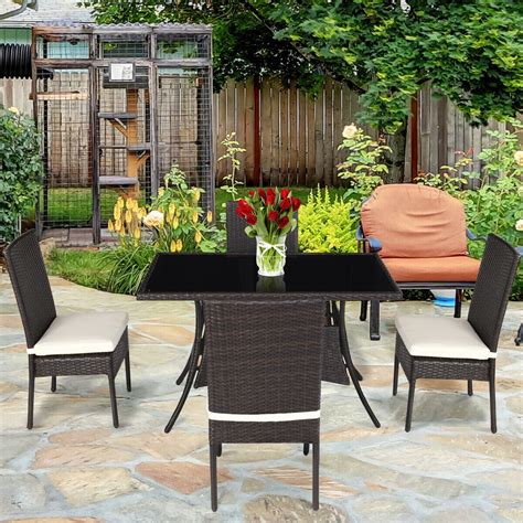 Costway 5 Piece Outdoor Patio Furniture Rattan Dining Table Cushioned ...