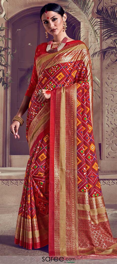 Red Kanchipuram Art Silk Woven Saree With Patola Print Saree Designs