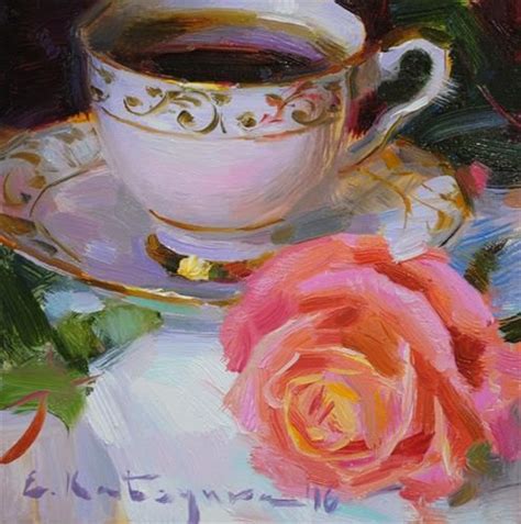 A Painting Of A Cup And Saucer With A Rose