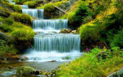 Landscape Nature Mountain River Waterfall Pool With Water Rocky Coast