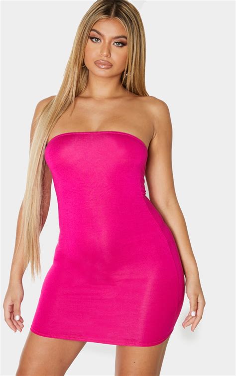 Hot Pink Basic Bandeau Bodycon Dress Prettylittlething Usa