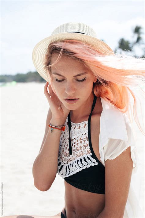 Young Beautiful Sensual Happy Woman With Pink Hair Summer Outdoor Beach Closeup Portraits By