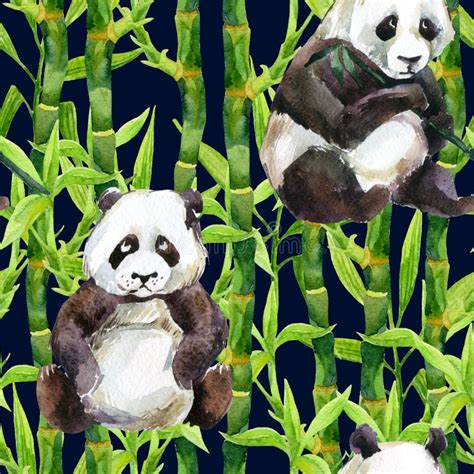 Panda With Bamboo Watercolor Seamless Pattern Stock Illustration
