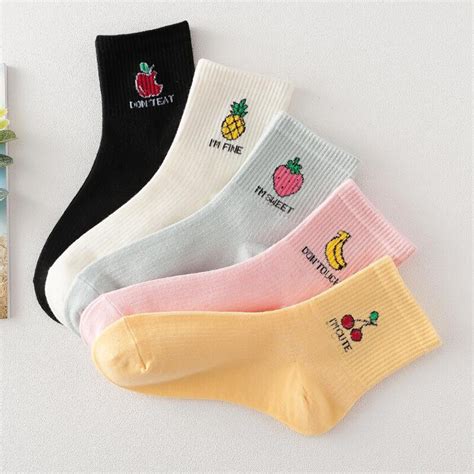 1 Pair Candy Color Cute Fruit Women Socks Kawaii Bananastrawberryapplepineapplecherry Words