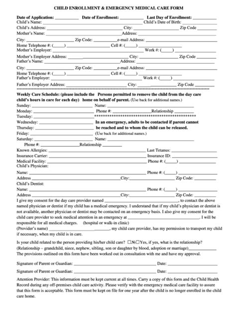 Child Enrollment And Emergency Medical Care Form Printable