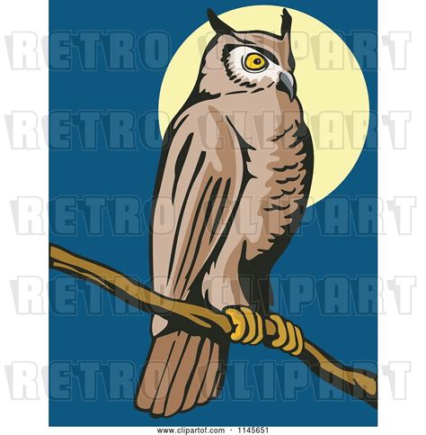 Vector Clip Art Of Retro Wild Owl Perched Against A Full Moon By
