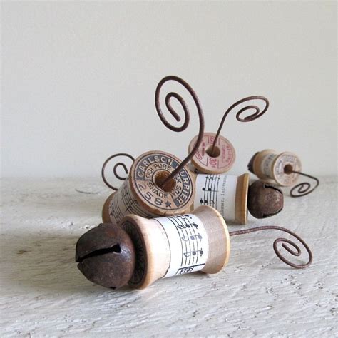 Vintage Spool Ornaments With Rusty Bells Set Of 5 Spool Crafts How