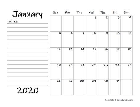 2020 Blank Calendar Template With Notes Free Printable Templates