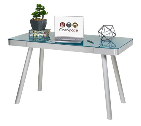 Onespace 50 Jn1407 Cool Blue Glass Writing Desk With Brushed Aluminum Frame