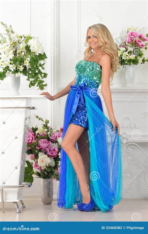 Beautiful Woman In Blue Dress In Luxury Interior Stock Photo Image