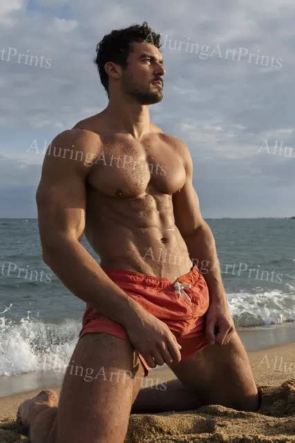 Male Model Print Muscular Handsome Beefcake Shirtless Hunk Hairy Beach
