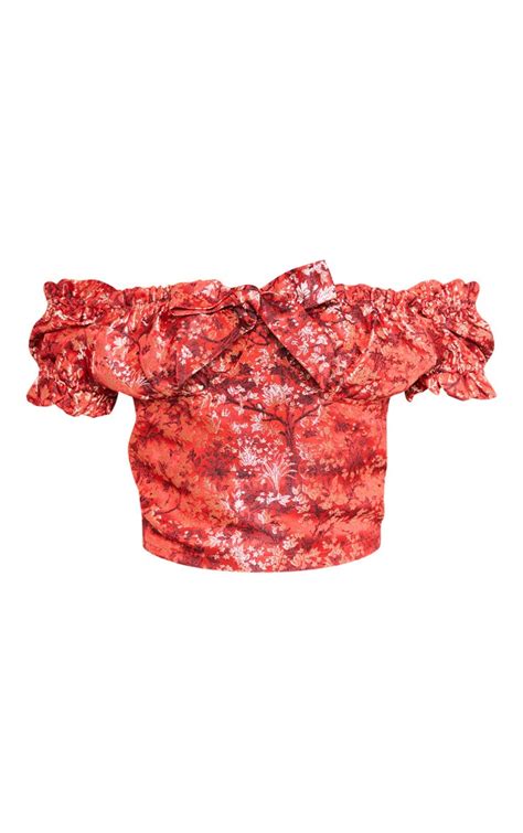 Red Oriental Print Satin Frill Bardot Crop Top Prettylittlething