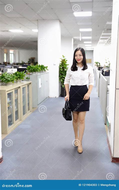 Asia Chinese Office Lady Woman Girl Walk In Office At Work Smile Wear Business Occupation Suit