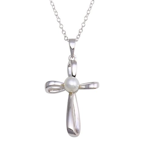 Rhodium Plated Sterling Silver Pearl Center Cross Necklace