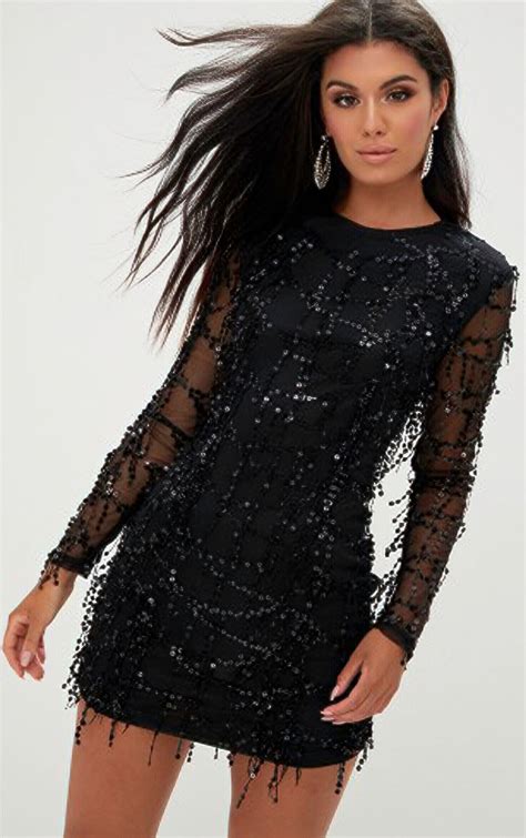 Black Sequin Detail Long Sleeve Mini Dress Prettylittlething Usa