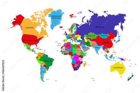 Colored Political World Map With Names Of Sovereign Countries And