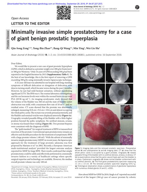 PDF Minimally Invasive Simple Prostatectomy For A Case Of Giant Benign Prostatic Hyperplasia