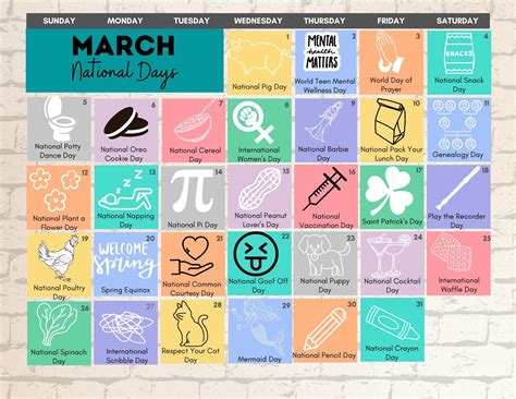 The March National Day Calendar Is Displayed On A Brick Wall With