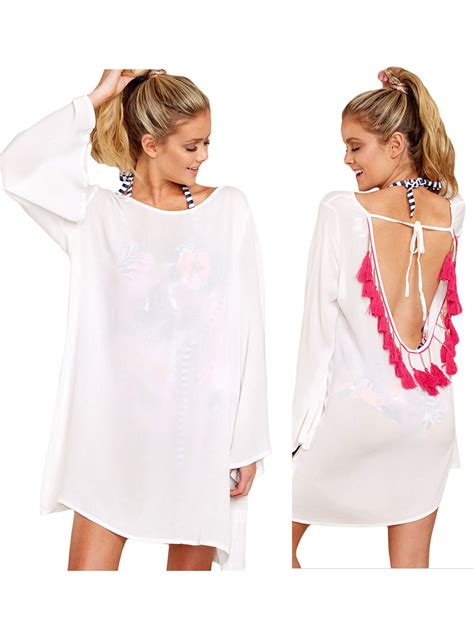 Sayfut Cover Ups For Swimwear Women Swim Coverup Oversized Tassel Trim Beachwear Chiffon Dress