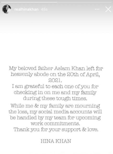 Hina Khan Father Death After Her Father S Demise Hina Khan Shares Her First Post On Instagram