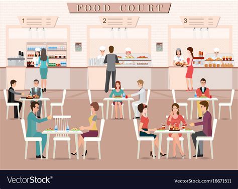 People Eating In A Food Court In A Shopping Mall Vector Image