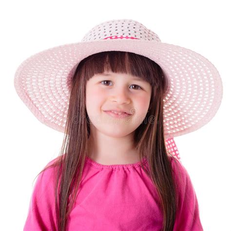 Portrait Of Little Girl Wearing Pink Summer Hat Stock Photo Image Of