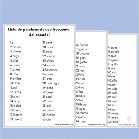 Lista De Palabras De Uso Frecuente Del Español Lectoescritura