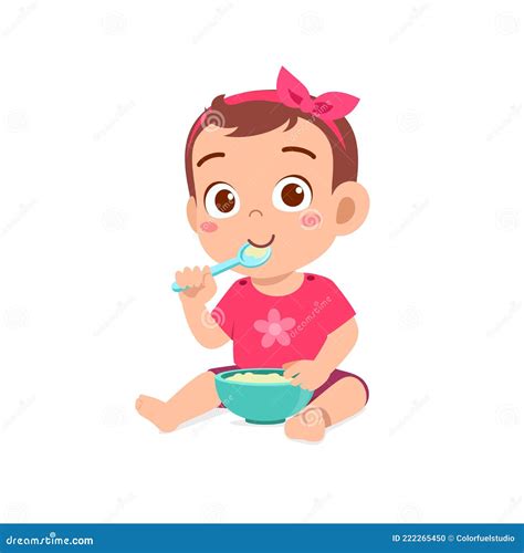 Cute Little Baby Girl Eat Porridge In Bowl With Spoon Stock Vector