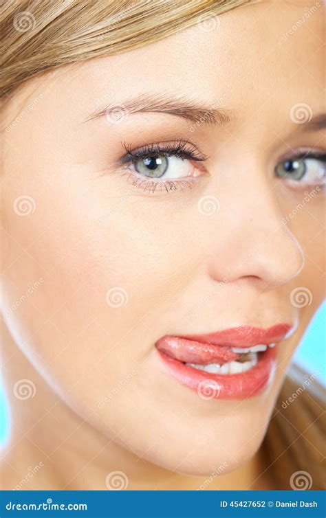 Close Up Pretty Young Woman Face Tongue Out Stock Photo Image Of