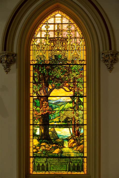 A Stained Glass Window In The Side Of A Church With An Image Of A Tree On It