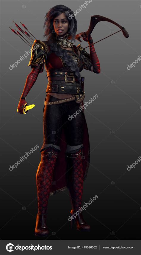 Fantasy Poc Woman Red Black Armor Bow Daggers Stock Photo By ©ravven