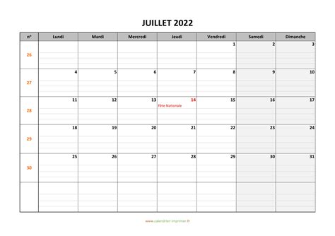 Calendrier Juillet 2022 à Imprimer