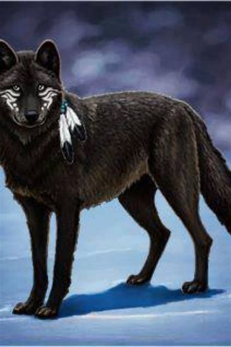 A Painting Of A Wolf With Feathers On Its Head And Tail Standing In
