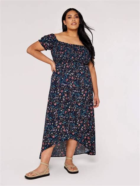 Curve Floral Bardot Midi Dress Apricot Clothing