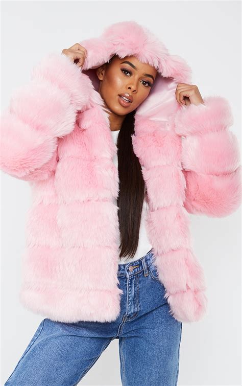 Womens Pale Pink Faux Fur Hooded Coat Tradingbasis