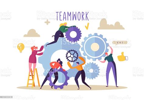 Business Teamwork Concept Flat People Characters Running Gears