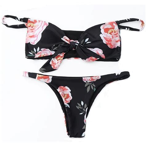 2019 strapless sexy bikini set push up women swimwear swimsuit female retro floral bowknot swim