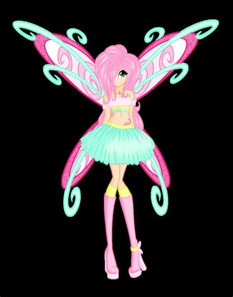 a pink and green fairy with wings on her back standing in front of a black background