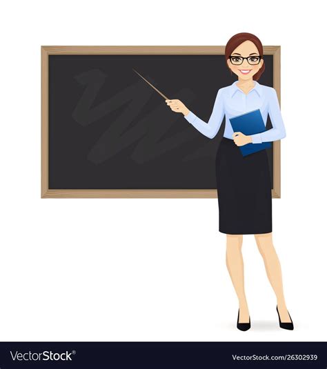 Female Teacher At Blackboard With Copy Space Showing Something Using Pointer Stick Isolated