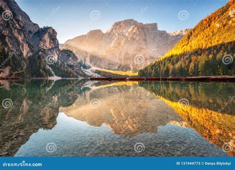 Beautiful Braies Lake At Sunrise In Autumn In Dolomites Italy Stock