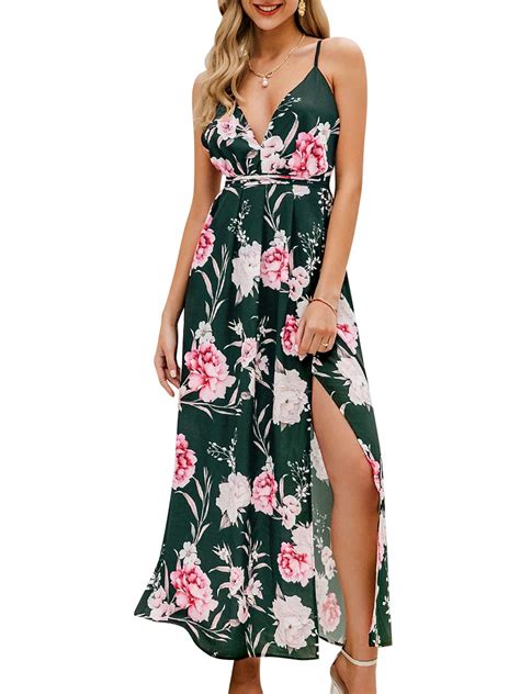 Berrygo Womens Sexy Deep V Neck Backless Floral Print Split Maxi Party Dress Green