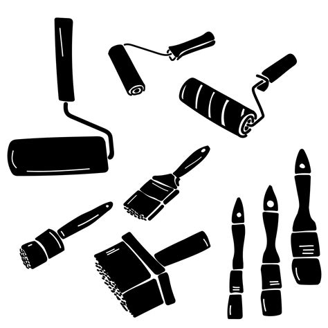 Set Of Silhouettes Of Paint Brushes And Rollers Of Various Shapes And