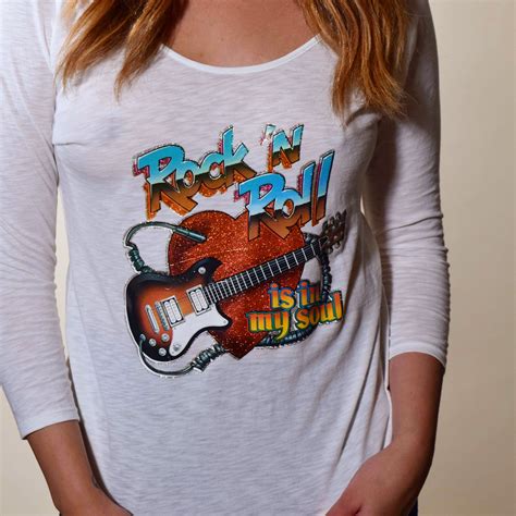 1970s authentic vintage rock n roll is in my soul glitter iron on 3 4 length thin graphic tee