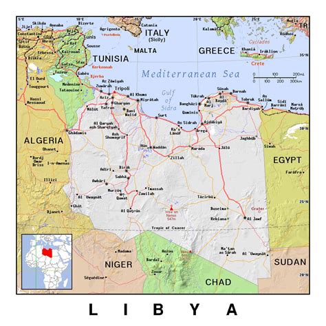 Детальная политическая карта Ливии с рельефом Ливия Африка Maps