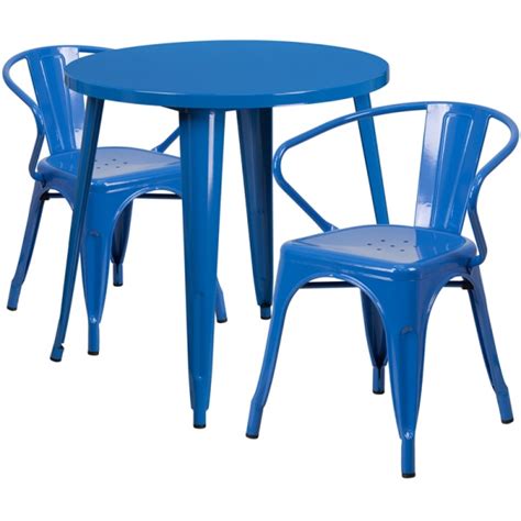 30 Round Blue Metal Indoor Outdoor Table Set With 2 Arm Chairs By